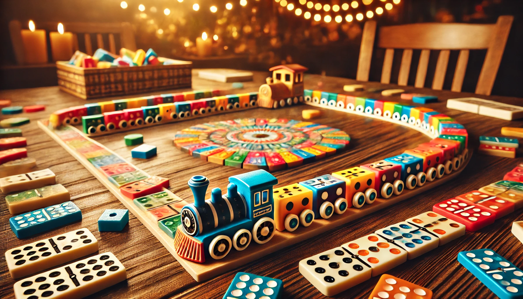 A colorful and inviting Mexican Train Dominoes game in progress on a wooden table. Double-12 dominoes are arranged in train formations with a central hub and colorful train markers. The warm, cozy background hints at a family game night atmosphere.