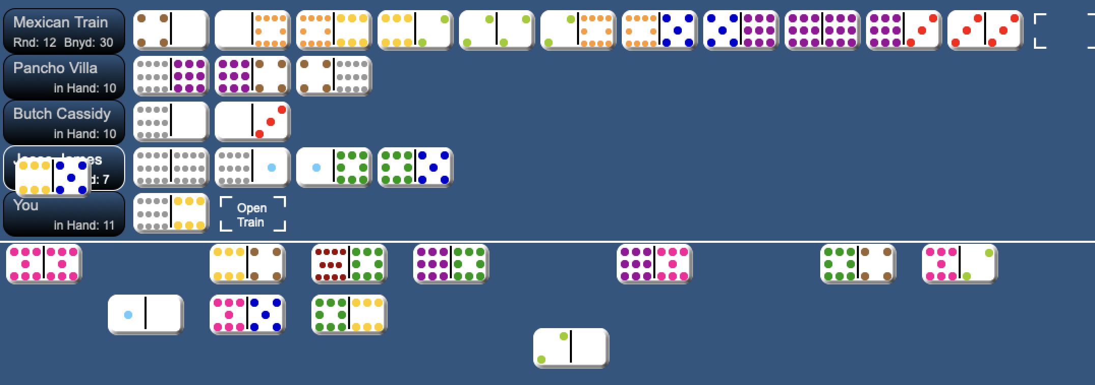a Mexican Train gameboard showing a player playing a domino on an open train.