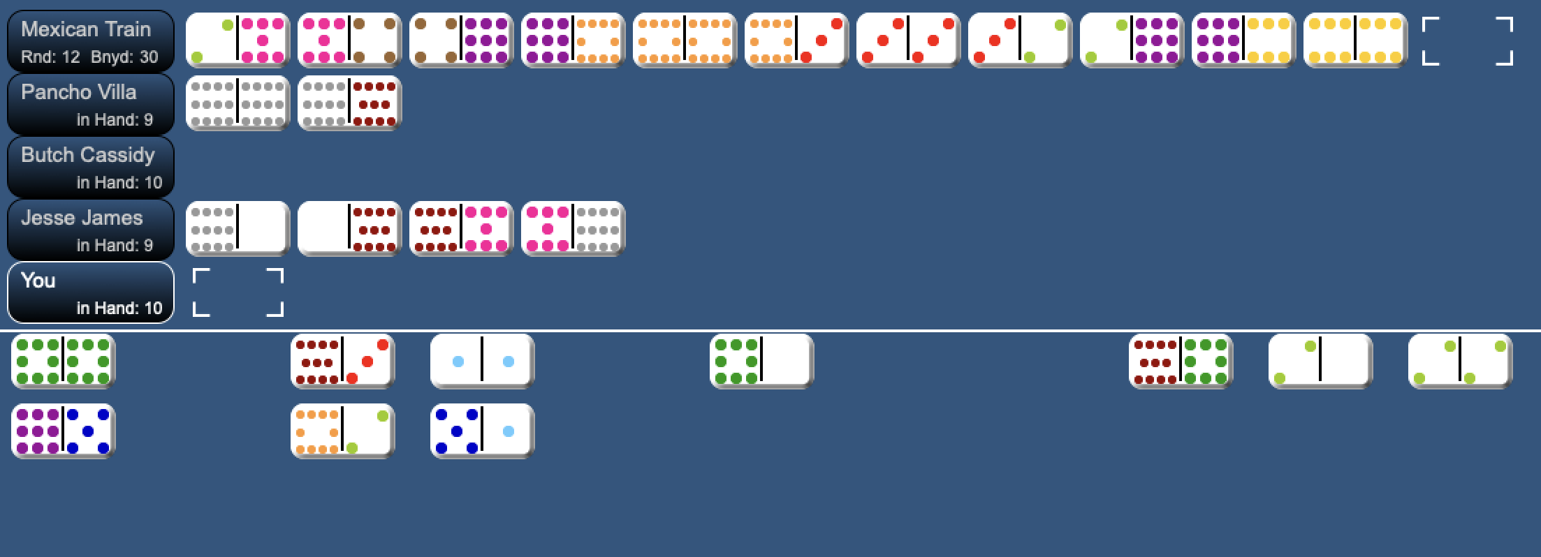a Mexican Train gameboard showing a player not starting her train but instead playing on the mexican train.