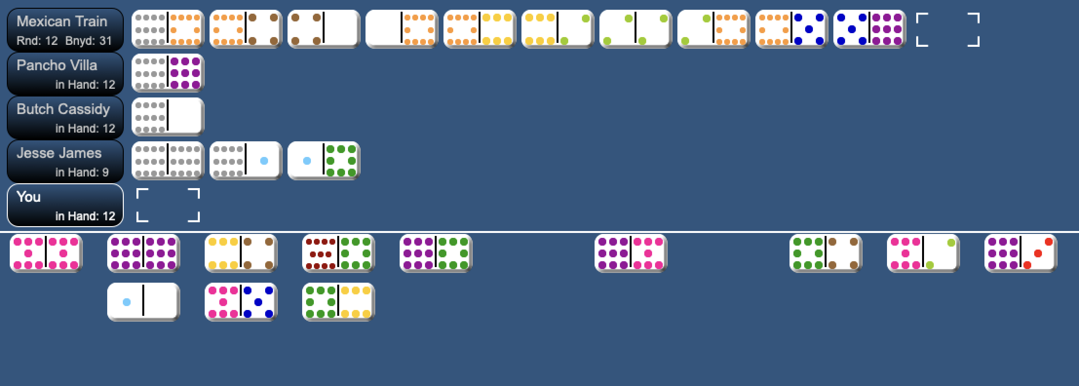a Mexican Train gameboard showing a player train not started.