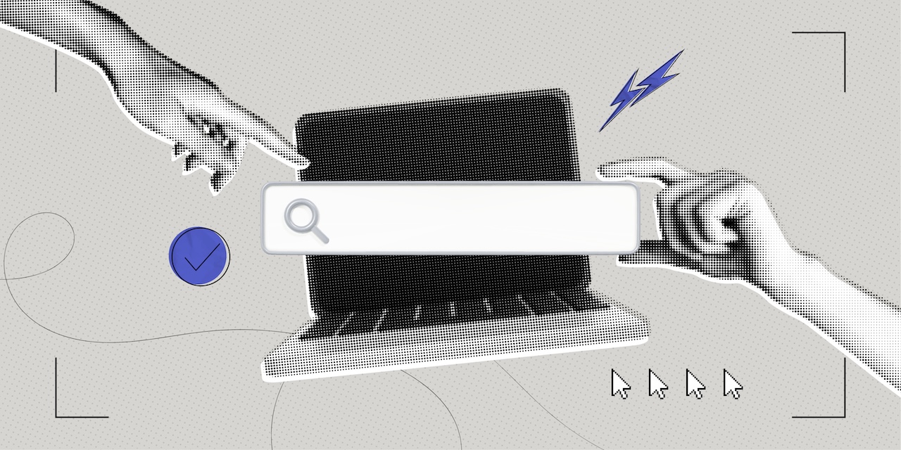 Retro-style illustration of a search bar on a laptop with pointing hands and digital icons, symbolizing online search and web navigation