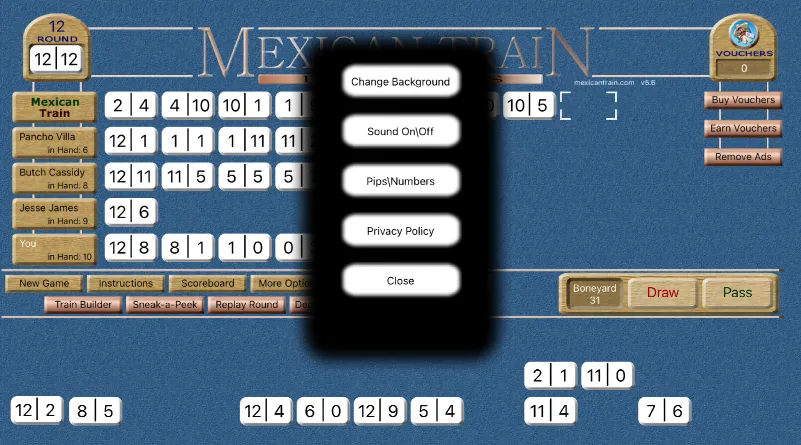 Screen shot showing 'numerals/pips' button